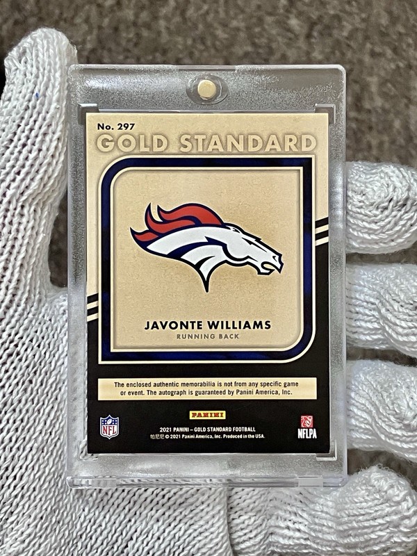 Javonte Williams 2021 Gold Standard /22 Triple Patch RPA Auto Rookie Broncos UNC view 2