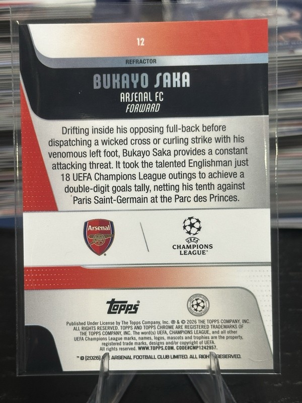2025-26 Topps Chrome UEFA Club Competitions #12 Bukayo Saka Refractor view 2