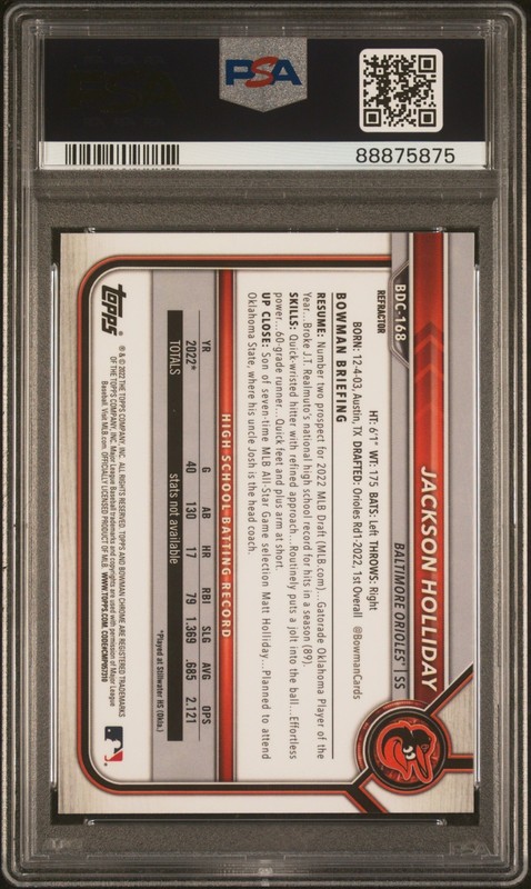 2022 Bowman Draft - Chrome Jackson Holliday #BDC-168 Refractor (RC) view 2
