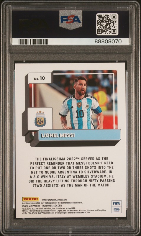 2022 Panini Donruss Fifa #10 Lionel Messi PSA 10 view 2