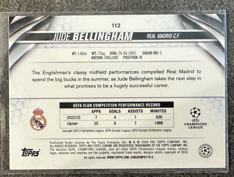 2023-24 Topps Chrome UEFA CC - Jude Bellingham Purple RayWave Refractor /175 view 2