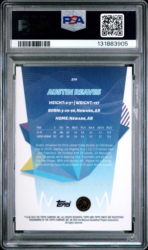 Austin Reaves 2024-25 Topps Finest Black Geometric 1/1 Lakers Card #219 PSA 8 view 2