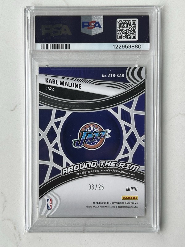 2024-25 Panini Revolution Karl Malone Auto Infinite /25 PSA 9 Around The Rim view 2