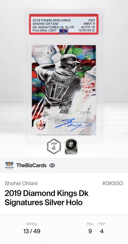2019 Diamond Kings Shohei Ohtani DK Signatures Holo Silver Auto #/49 PSA 9/10 view 2