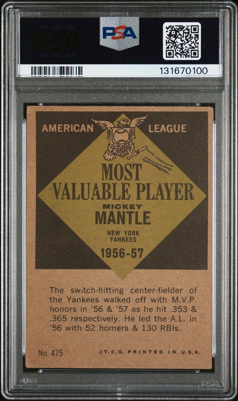 1961 Topps #475 Mickey Mantle Mvp PSA 3 view 2