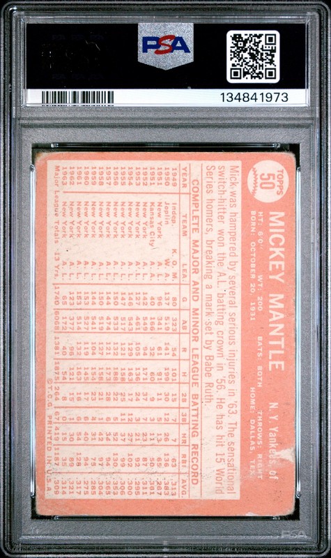 1964 Topps #50 Mickey Mantle PSA 1 view 2