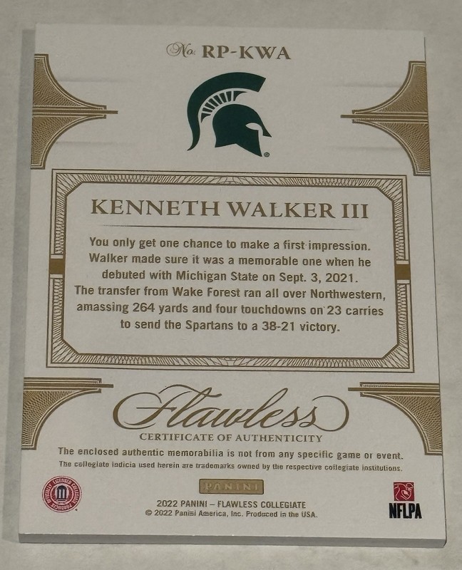 2022 Flawless Collegiate Kenneth Walker III Patch Swatch #1/1 Spartans DAMAGED view 2