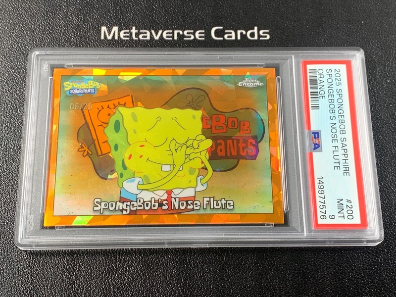 2025 Topps Chrome SpongeBob Sapphire Spongebob's Nose Flute Orange /25 PSA9