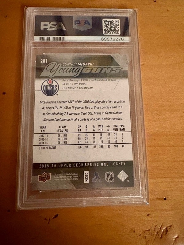 2015-16 Upper Deck Connor McDavid #201 Young Guns Rookie RC PSA 9 Mint Oilers view 2