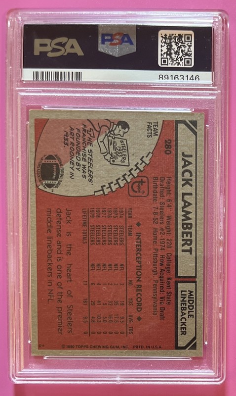 1980 Topps Jack Lambert Vintage Football Card #280 Pittsburgh Steelers  PSA 7 view 2