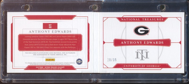 Anthony Edwards 2020 National Treasures Collegiate #88 RC Patch Auto 20/35 view 2