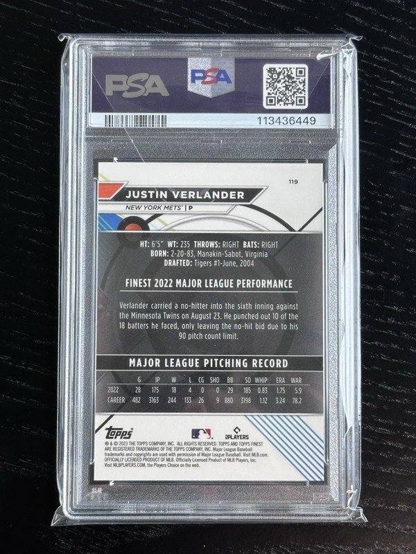 2023 Topps Finest -  Justin Verlander #119 Gold Refractor /50 - PSA 9 view 2