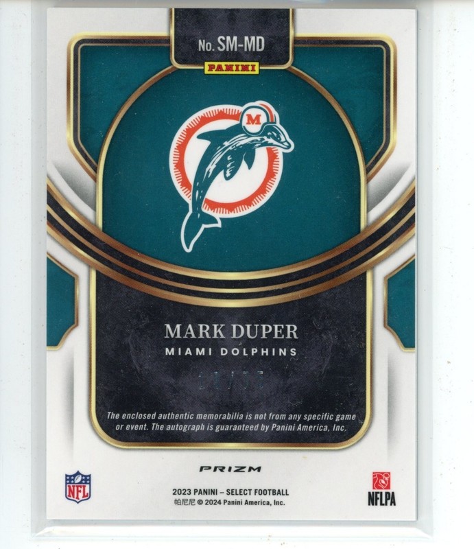 2023 Panini Select Mark Duper Blue Prizm Jersey Patch Auto /75 Dolphins SP view 2