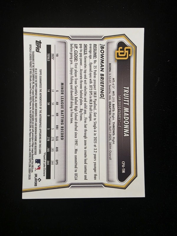 Truitt Madonna 2026 Bowman Chrome Auto Green Lava Bowman Refractor /99 Padres view 2