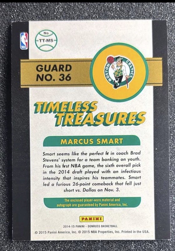 Marcus Smart 2014-15 Donruss Game Used Patch Auto /99 Timeless Treasures Lakers view 2