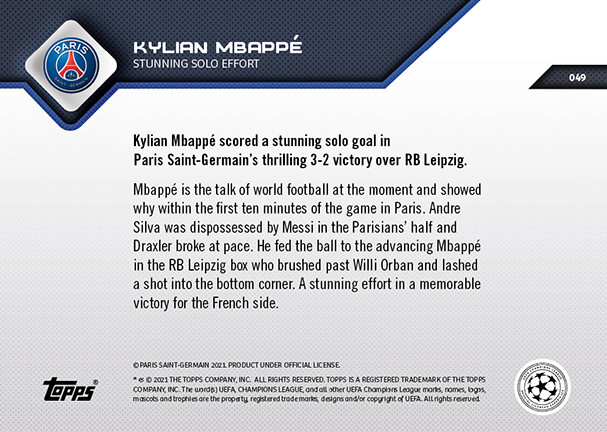 KYLIAN MBAPPE - UCL Topps Now Card #49 UEFA Champions League Print Run 1066 PSG view 2