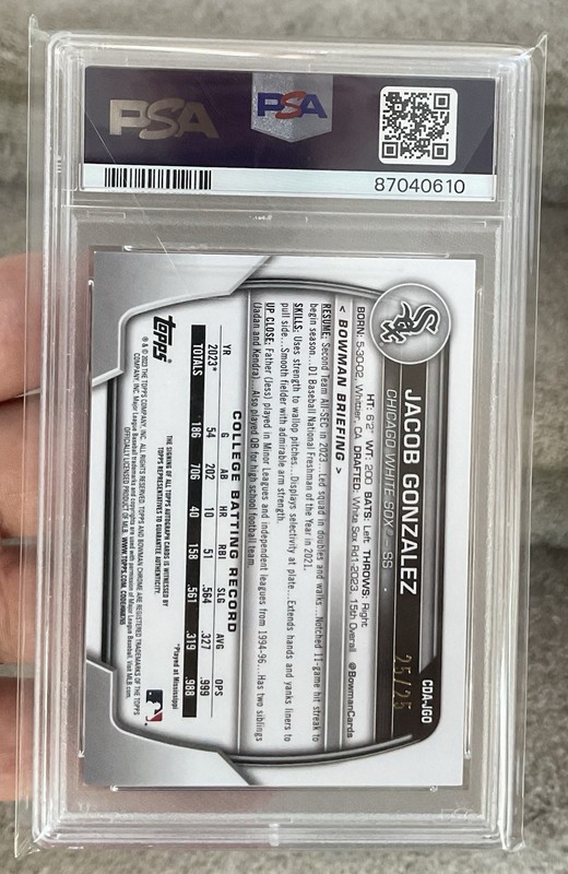 2023 Bowman Chrome JACOB GONZALEZ Orange Sapphire Refractor Auto RC /25 PSA 10 view 2