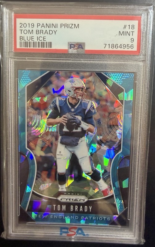 2019 TOM BRADY PANINI PRIZM FOOTBALL #18 BLUE ICE /99 PATRIOTS PSA 9 MINT