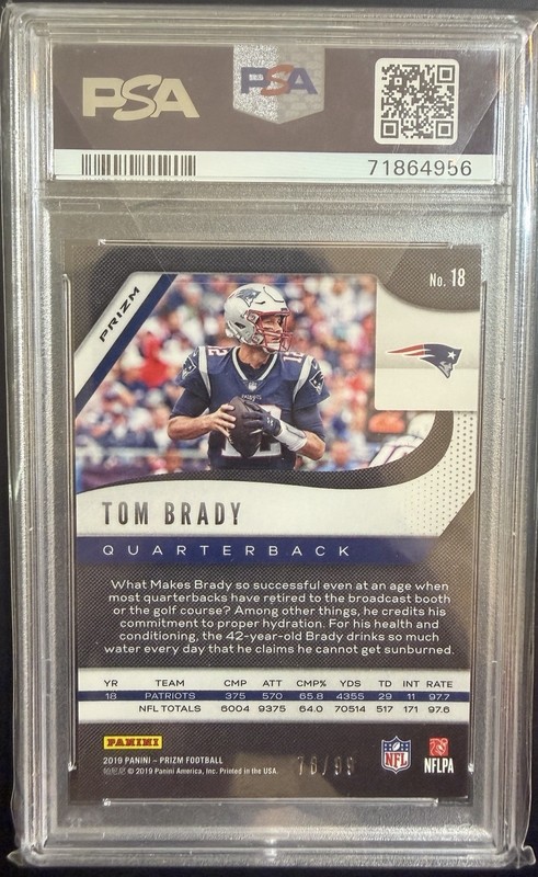 2019 TOM BRADY PANINI PRIZM FOOTBALL #18 BLUE ICE /99 PATRIOTS PSA 9 MINT view 2