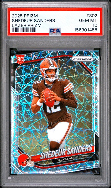 156301455 Shedeur Sanders 2025 Panini Prizm #302 Lazer Rookie RC PSA 10