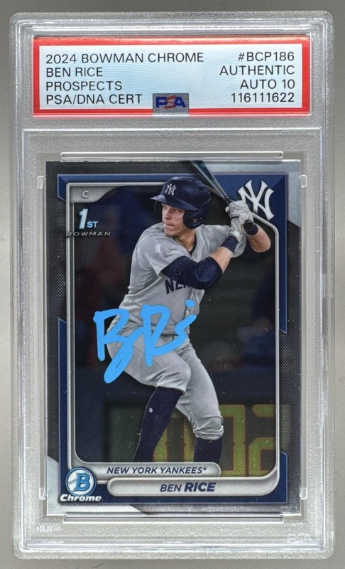 BEN RICE 2024 Bowman Chrome 1st AUTO AUTOGRAPH PSA/DNA AUTH 10 RC ROOKIE Yankees