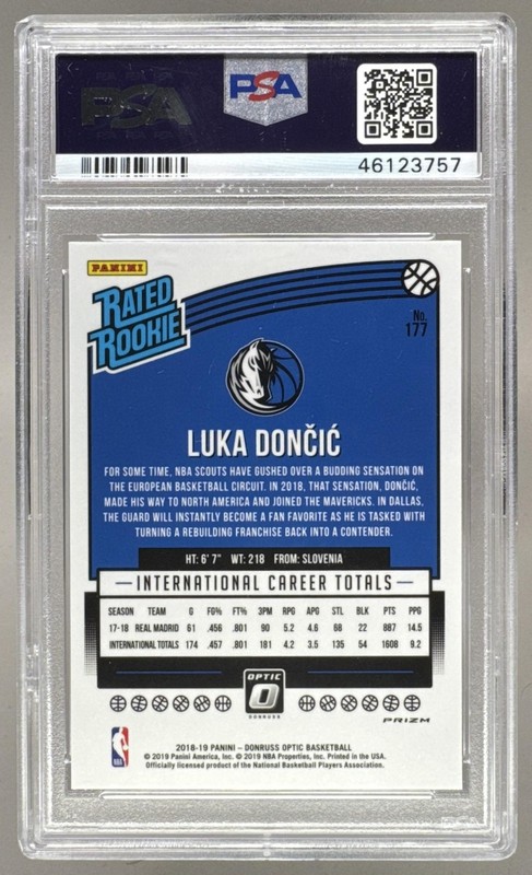 PSA 9 LUKA DONCIC 2018 Panini Donruss Optic BLUE VELOCITY RC ROOKIE #177 view 2