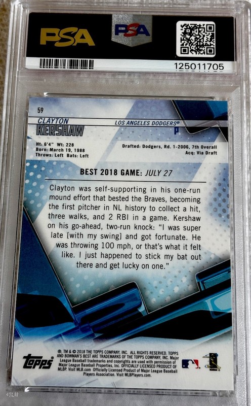 2018 Bowman Best Clayton Kershaw RED Refractor 09/10 PSA - 10 view 2