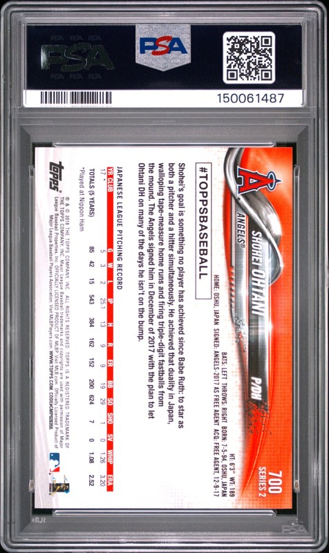 150061487 Shohei Ohtani 2018 Topps #700 Rookie RC PSA 10 view 2