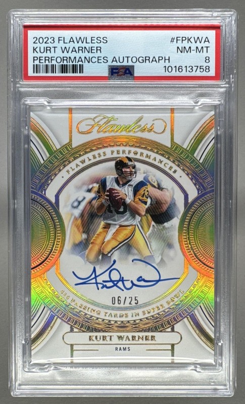 Kurt Warner 2023 Panini Flawless #FP-KWA Performances Auto /25 PSA 8