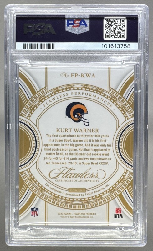 Kurt Warner 2023 Panini Flawless #FP-KWA Performances Auto /25 PSA 8 view 2