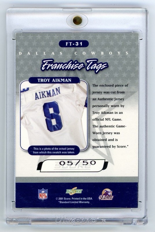 2001 Score Select Franchise Tags Troy Aikman Game Used Jersey Patch Auto /50 HOF view 2