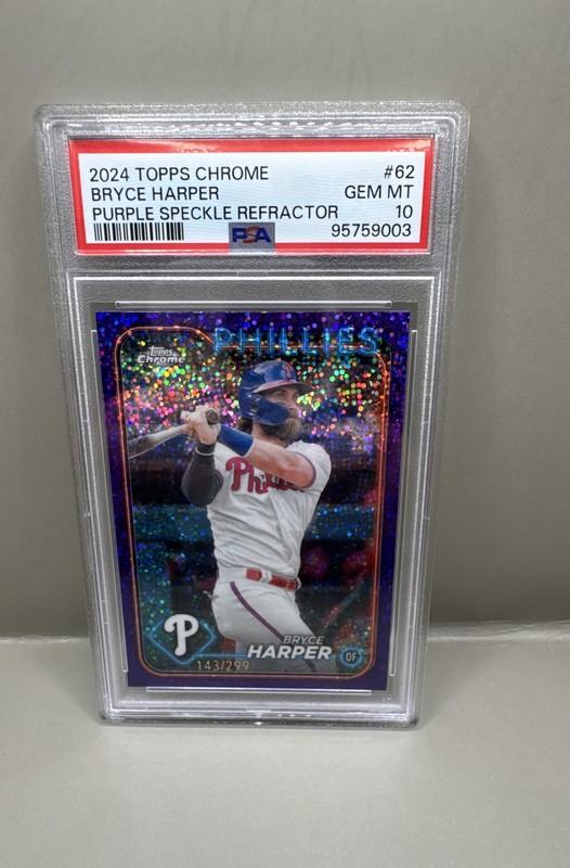 2024 Topps Chrome Bryce Harper #62 Purple Speckle Refractor #’d 143/299 - PSA 10
