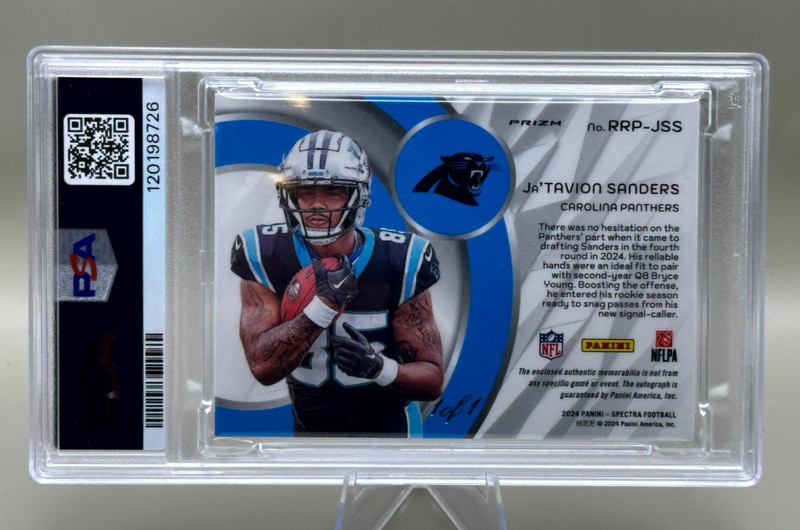 ‼️2024 Panini Spectra Ja'Tavion Sanders Auto RC Patch #1/1 One of One PSA 8 view 2