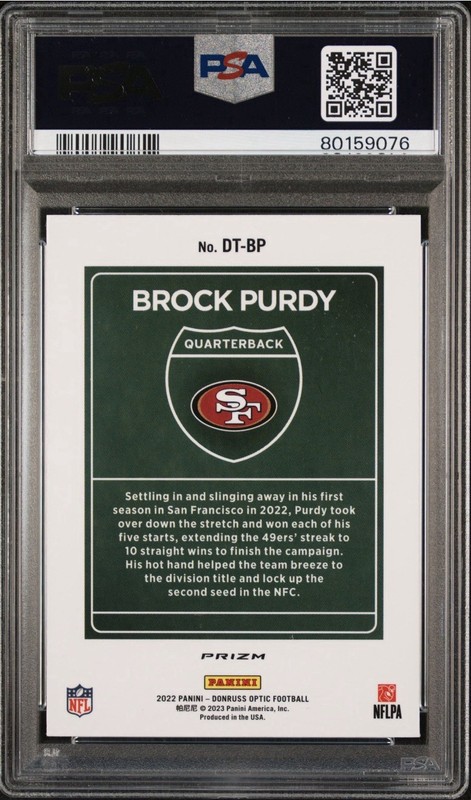 2022 PANINI DONRUSS OPTIC DOWNTOWN DOWNTOWN BROCK PURDY PSA 9 view 2