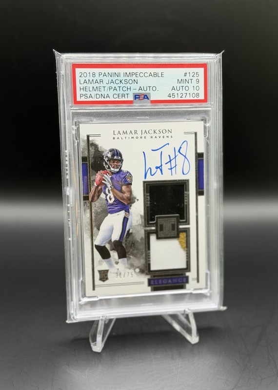 2018 Impeccable LAMAR JACKSON #125 RC RPA SP Rookie Dual Patch Auto PSA 9/10