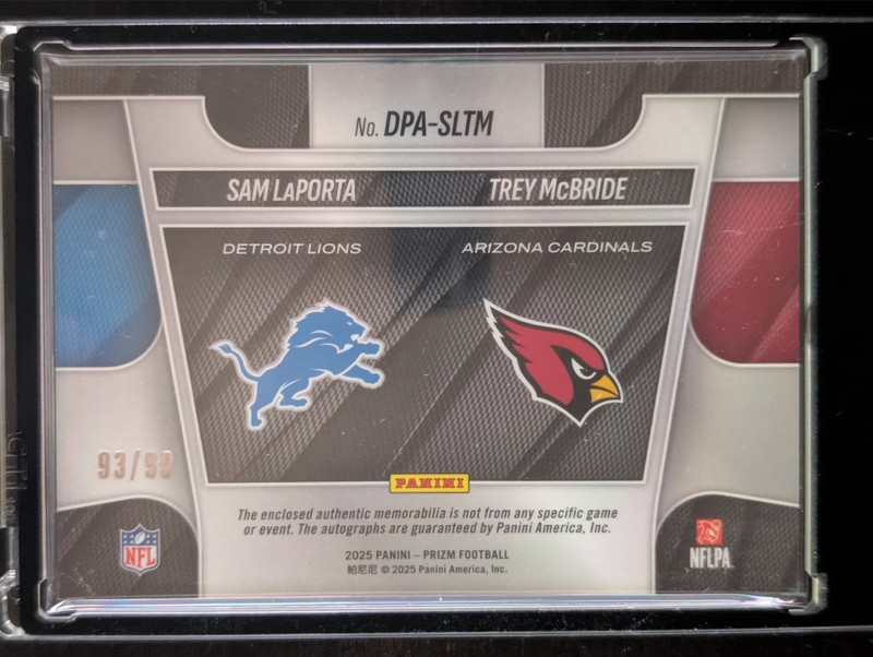 2025 Panini Prizm - Dual Patch Autos Sam LaPorta, Trey McBride #DPA-SLTM /99 view 2