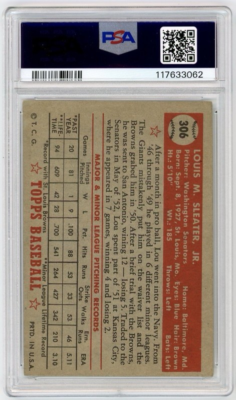 1952 Topps #306 PSA/DNA Lou Sleater Autograph PSA 2.5 w/ 8 Auto Rare Sign view 2