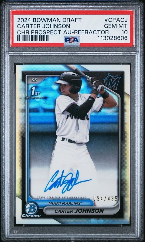 2024 Bowman Draft - Carter Johnson #CPA-CJ 1st Bowman Refractor Auto /499 PSA 10