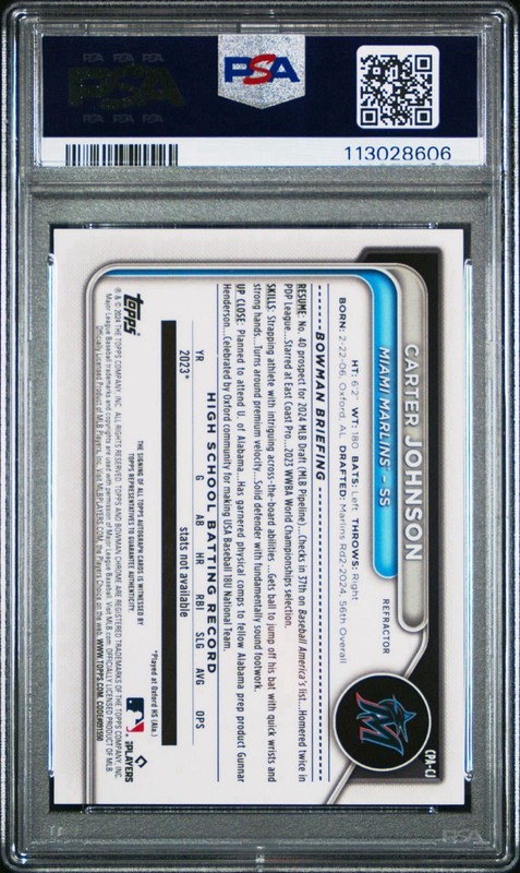 2024 Bowman Draft - Carter Johnson #CPA-CJ 1st Bowman Refractor Auto /499 PSA 10 view 2