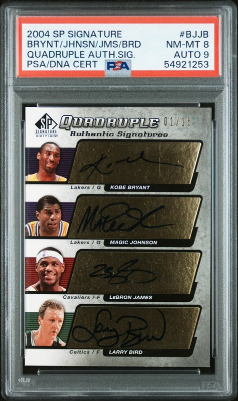 Kobe Bryant LeBron James Bird Magic 2004 SP Sig Quad Autograph /15 PSA 8 Auto 9