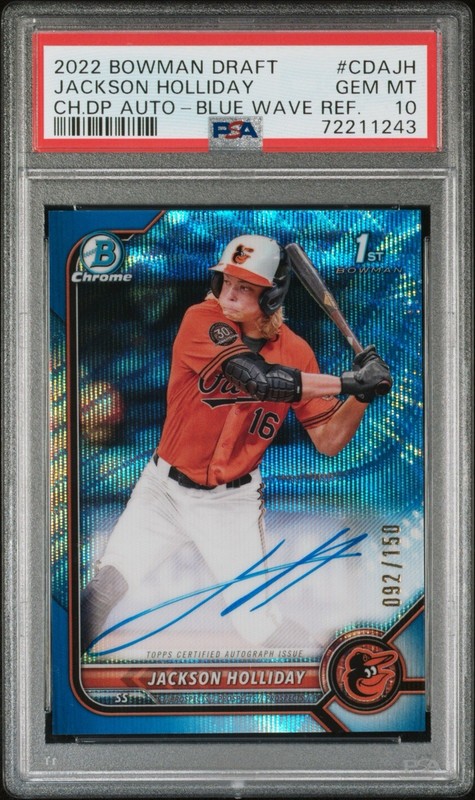 2022 Topps 1st Bowman Draft Jackson Holliday CDA-JH Blue Wave 92/150 Auto PSA 10