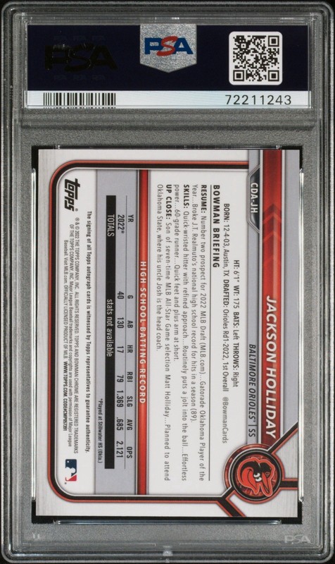 2022 Topps 1st Bowman Draft Jackson Holliday CDA-JH Blue Wave 92/150 Auto PSA 10 view 2