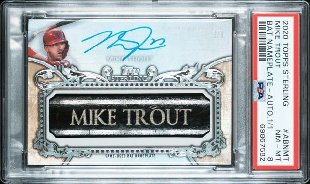 Mike Trout 2020 Topps Sterling GU Bat Nameplate Auto 1/1 PSA 8