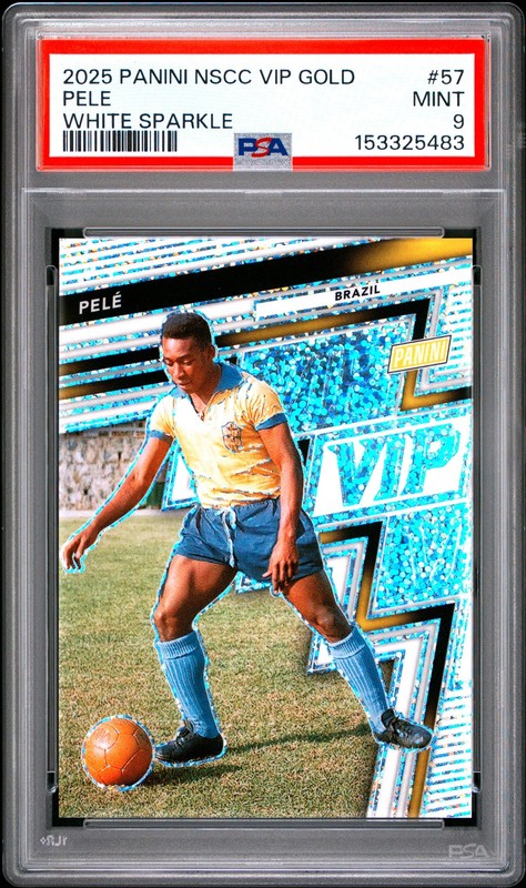 153325483 Pele 2025 Panini NSCC VIP Gold Packs #57 White Sparkle Patch PSA 9
