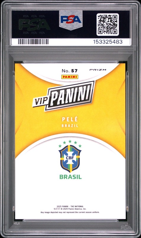 153325483 Pele 2025 Panini NSCC VIP Gold Packs #57 White Sparkle Patch PSA 9 view 2