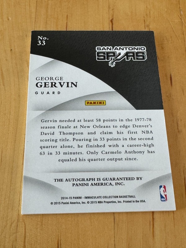 George Gervin  2014-15 Panini Immaculate Collection #33 AUTO /75 HOF Spurs view 2