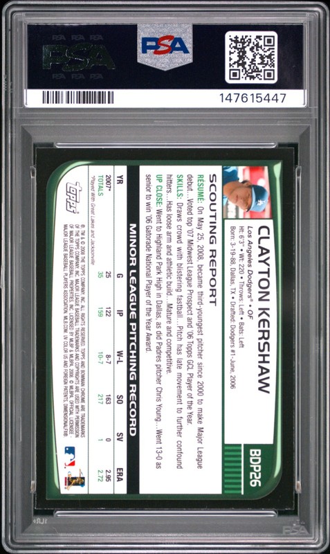 5447 Clayton Kershaw 2008 Bowman Chrome Draft Picks & Prospects #BDP26 RC PSA 10 view 2