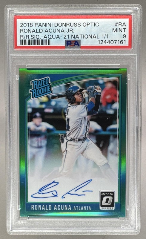 Ronald Acuna JR 2021 Panini National 2018 Donruss Optic Aqua Auto 1/1 PSA 9