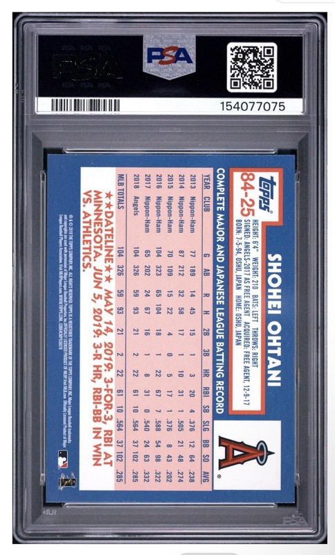 Ohtani 2019 Topps Update RC Card #84-25 Collectible Graded PSA 9 Mint 1984 Error view 2