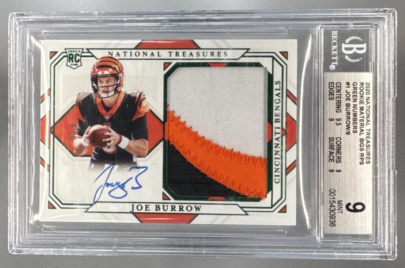 Joe Burrow 2020 National Treasures Green Numbers Rookie RC Patch Auto 6/9 BGS 9